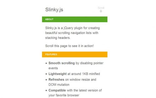 Slinky.js - это плагин jQuery для создания красивых списков навигации для прокрутки с заголовками штабелирования.